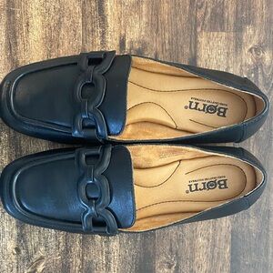 Born Dark Leather Loafers with Chain Accent